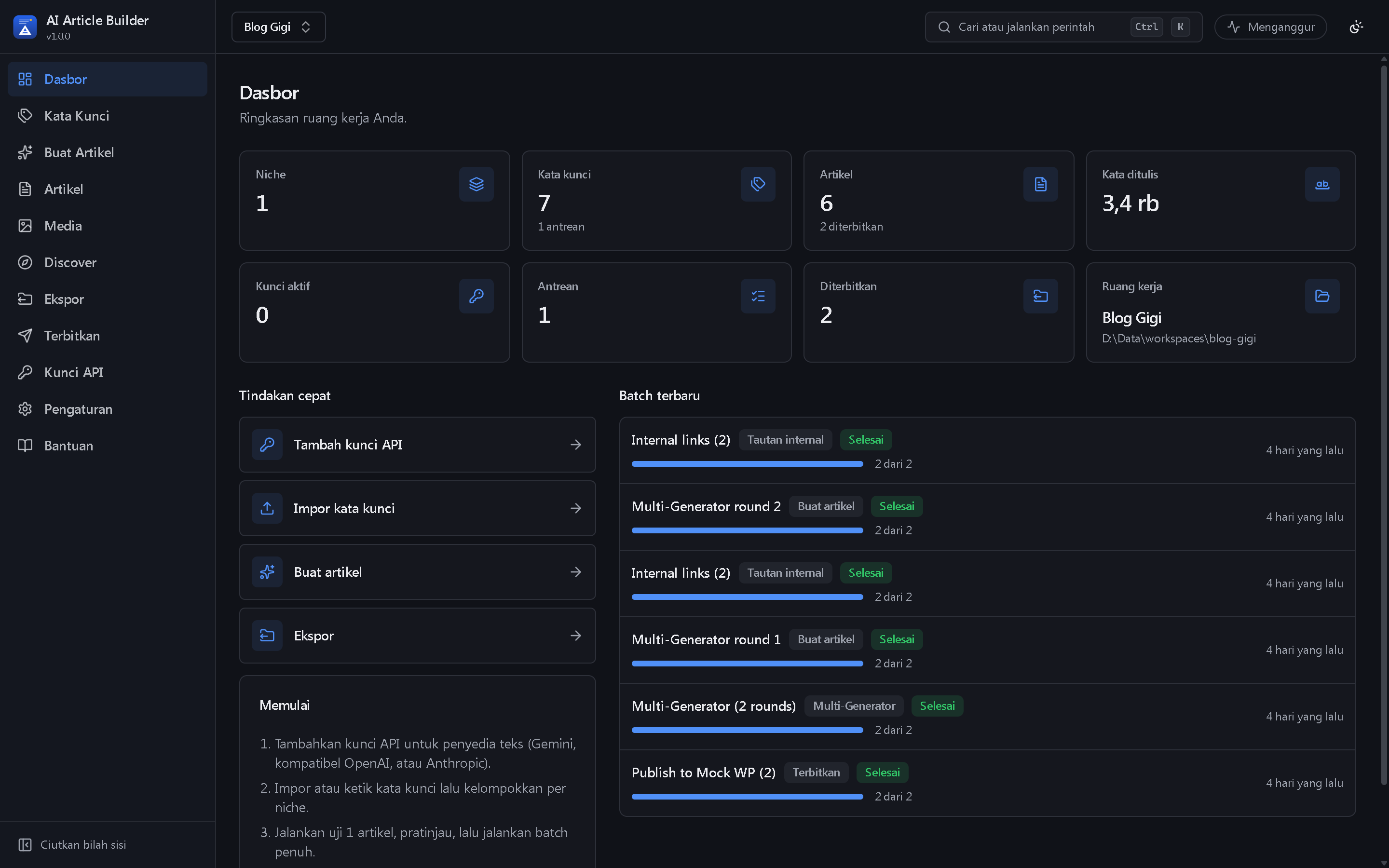 Dasbor aplikasi dengan statistik batch