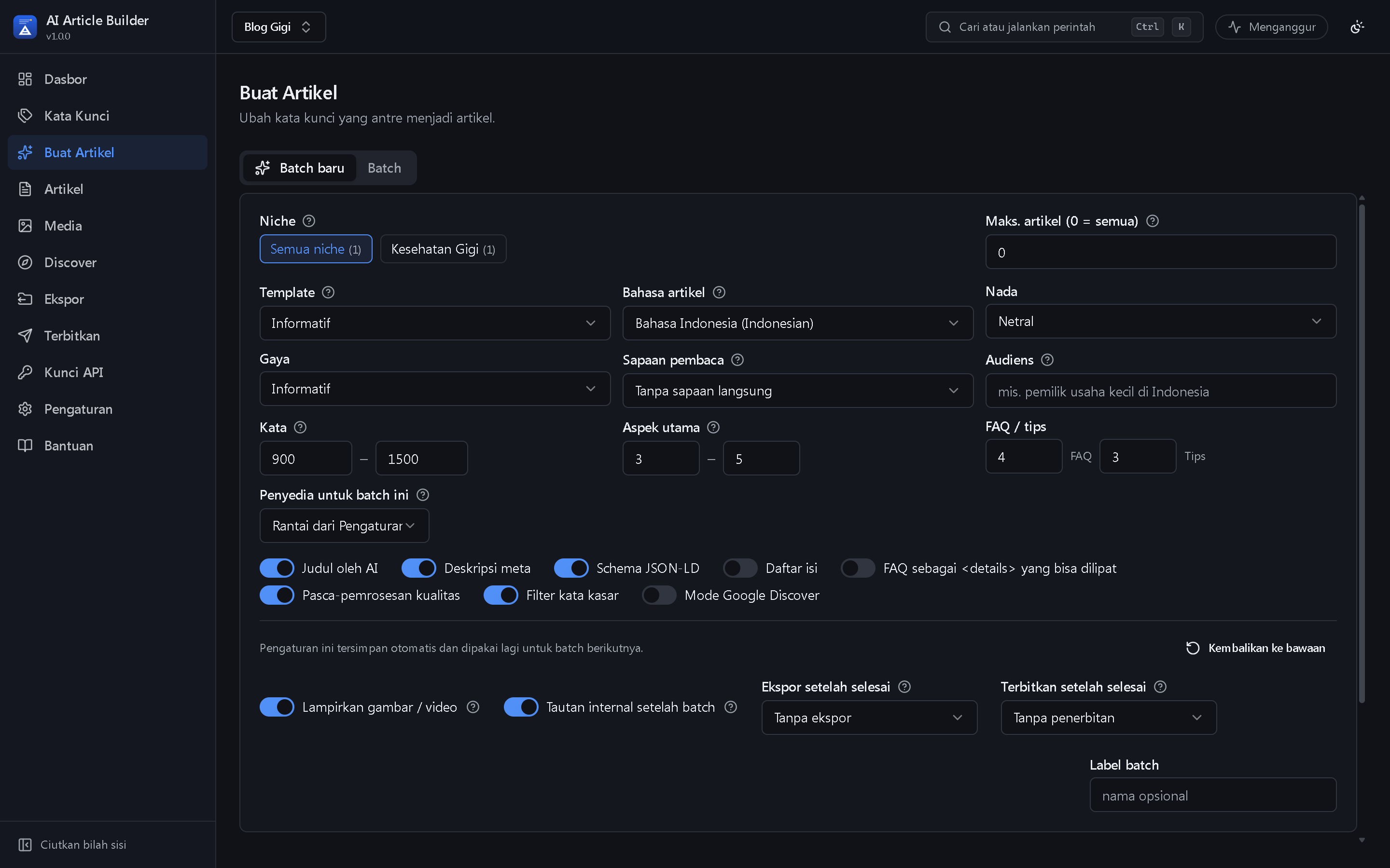 Form batch Buat Artikel di aplikasi AI Article Builder